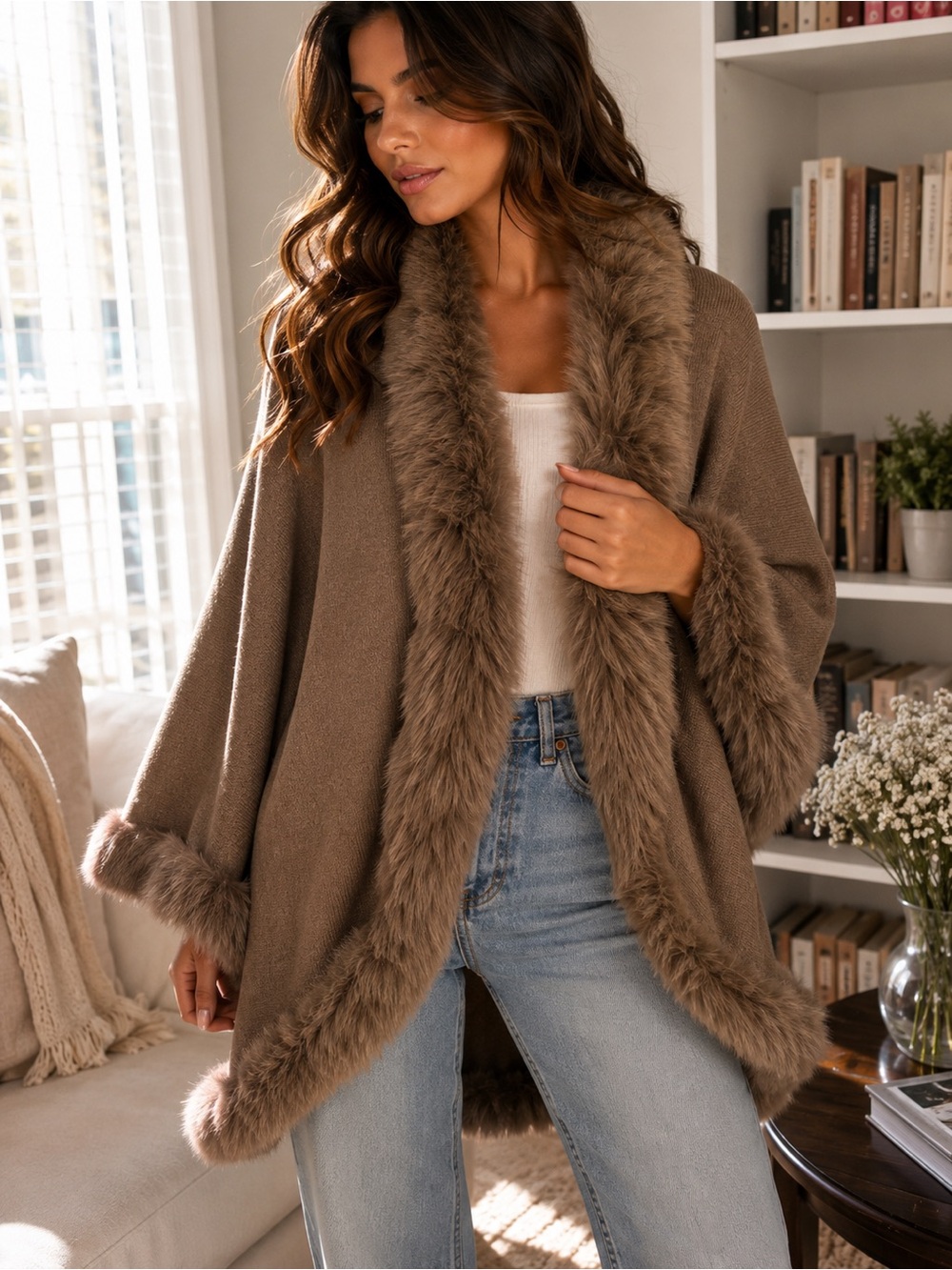 SAACHI Brown Faux Fur Trim Open Front Poncho Cape Cardigan